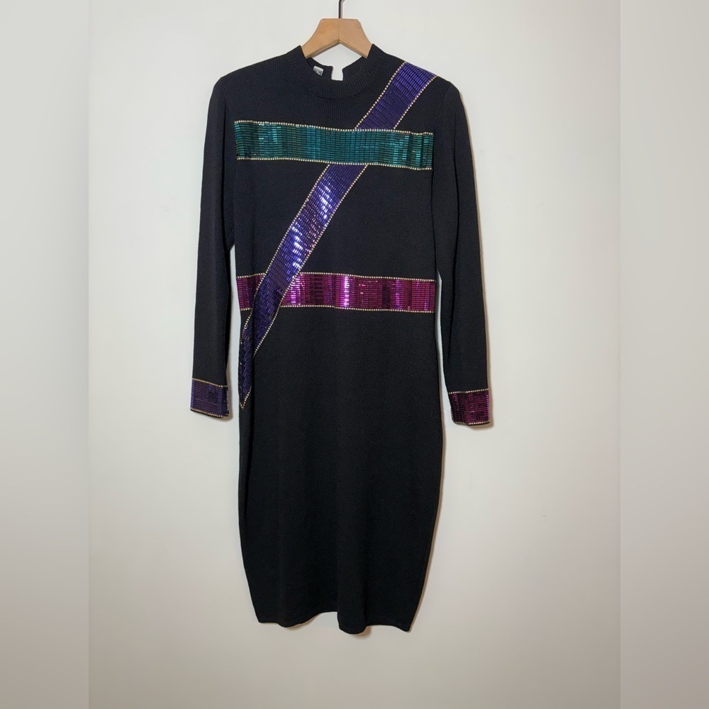 Vintage 1980s St. John By Marie Gray Embellished Sequin Black Sweater Dress 8